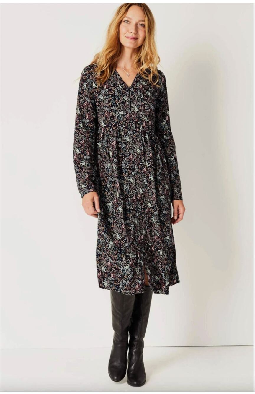 J. JILL Flounced-Hem Button-Front Long Sleeve Midi Dress // Medium Petite